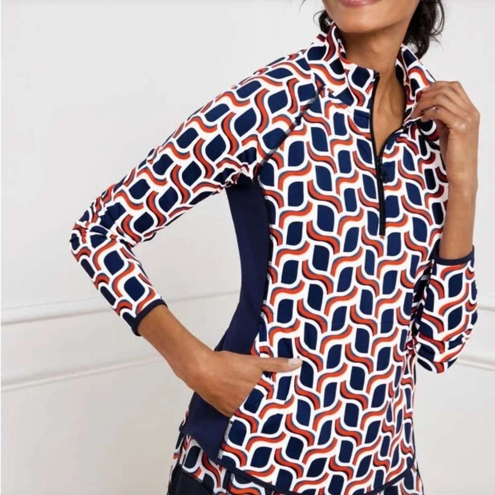 T by Talbots Women M Quarter Zip Pullover Geometric Golf Tennis Pickleball 2023